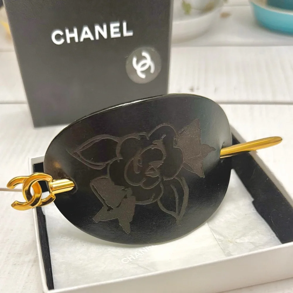 Chanel Black Leather Majeste Hair Stick Pin Camellia Flower CC Logo Gold